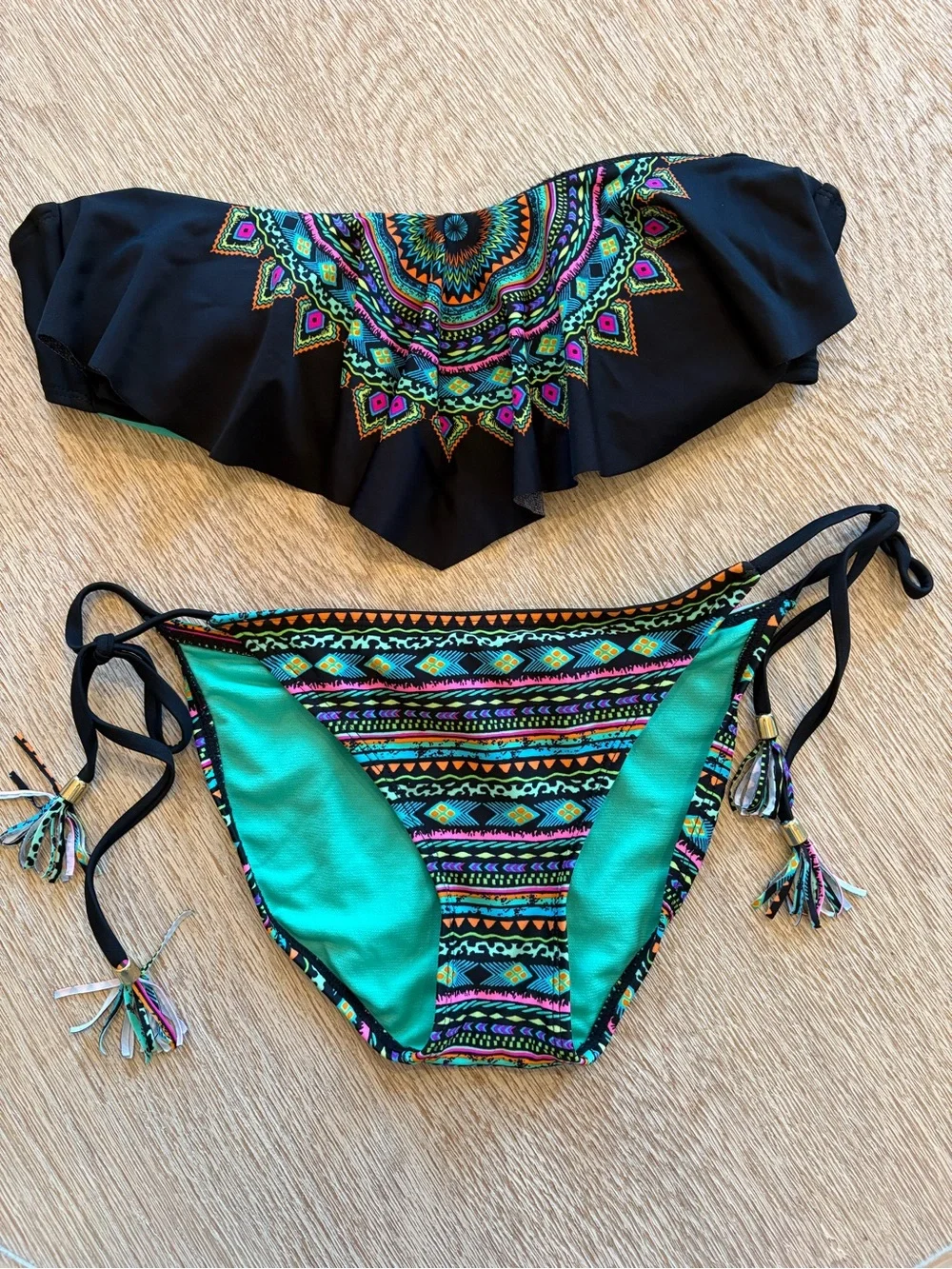 Ruffle Bandeau Bikini Set in Black With Bright Aztec Pattern